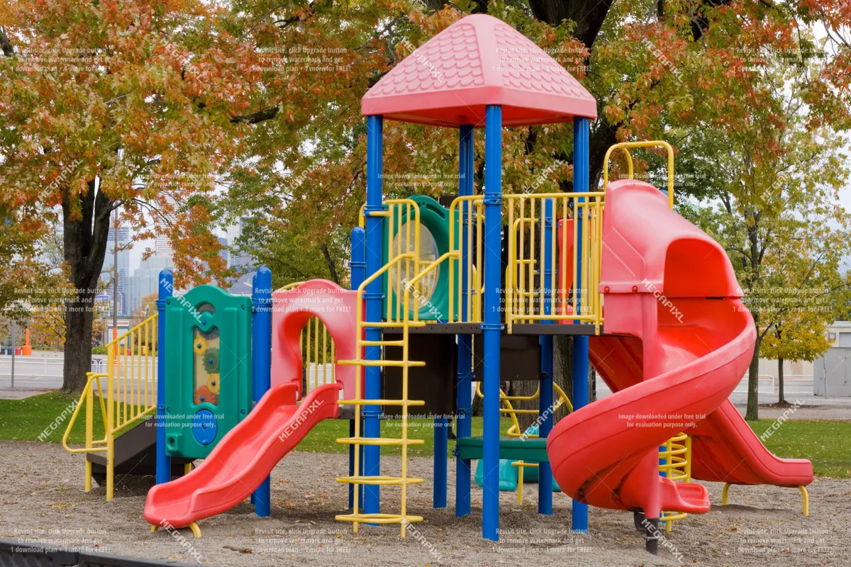 A lively exterior playground scene with colorful equipment, including a red slide and yellow climbing frame, where children are playing and socializing. The setting is bright and welcoming, capturing the vibrancy of the neighborhood.