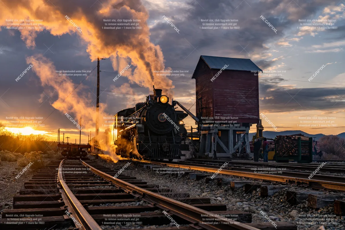This image features a vintage steam locomotive at sunset, with an old wooden building and train tracks in the foreground. The warm light and expansive sky evoke a sense of adventure and exploration.