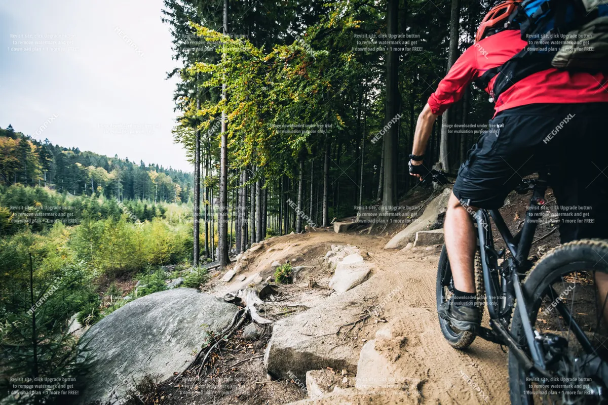 An energetic exterior scene featuring a mountain biker navigating a winding dirt path surrounded by trees and rock formations. The vibrant natural setting highlights the opportunities for outdoor exploration and adventure near the property.